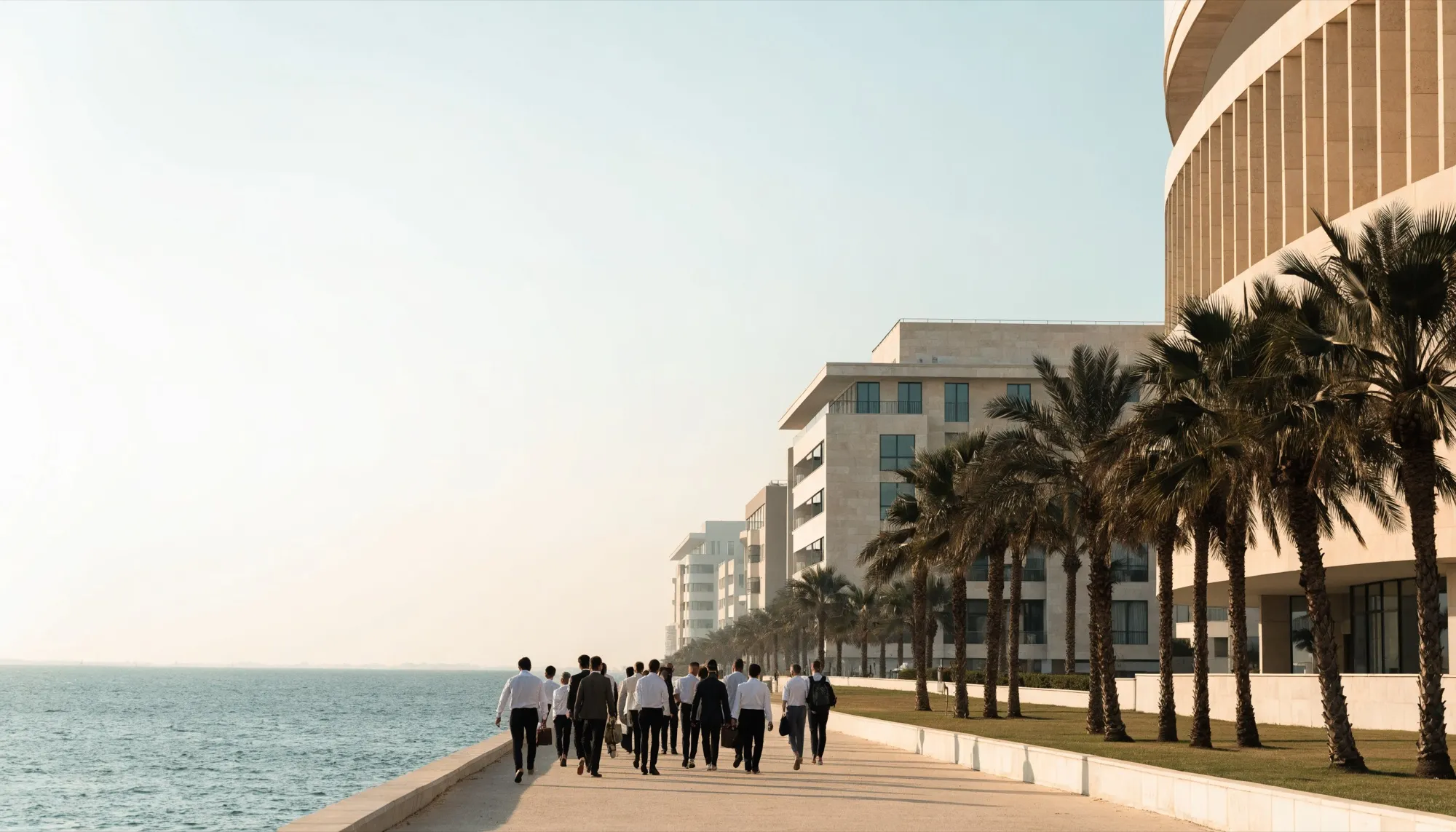 A group of colleagues walking together along a modern waterfront promenade in Abu Dhabi in soft morning light