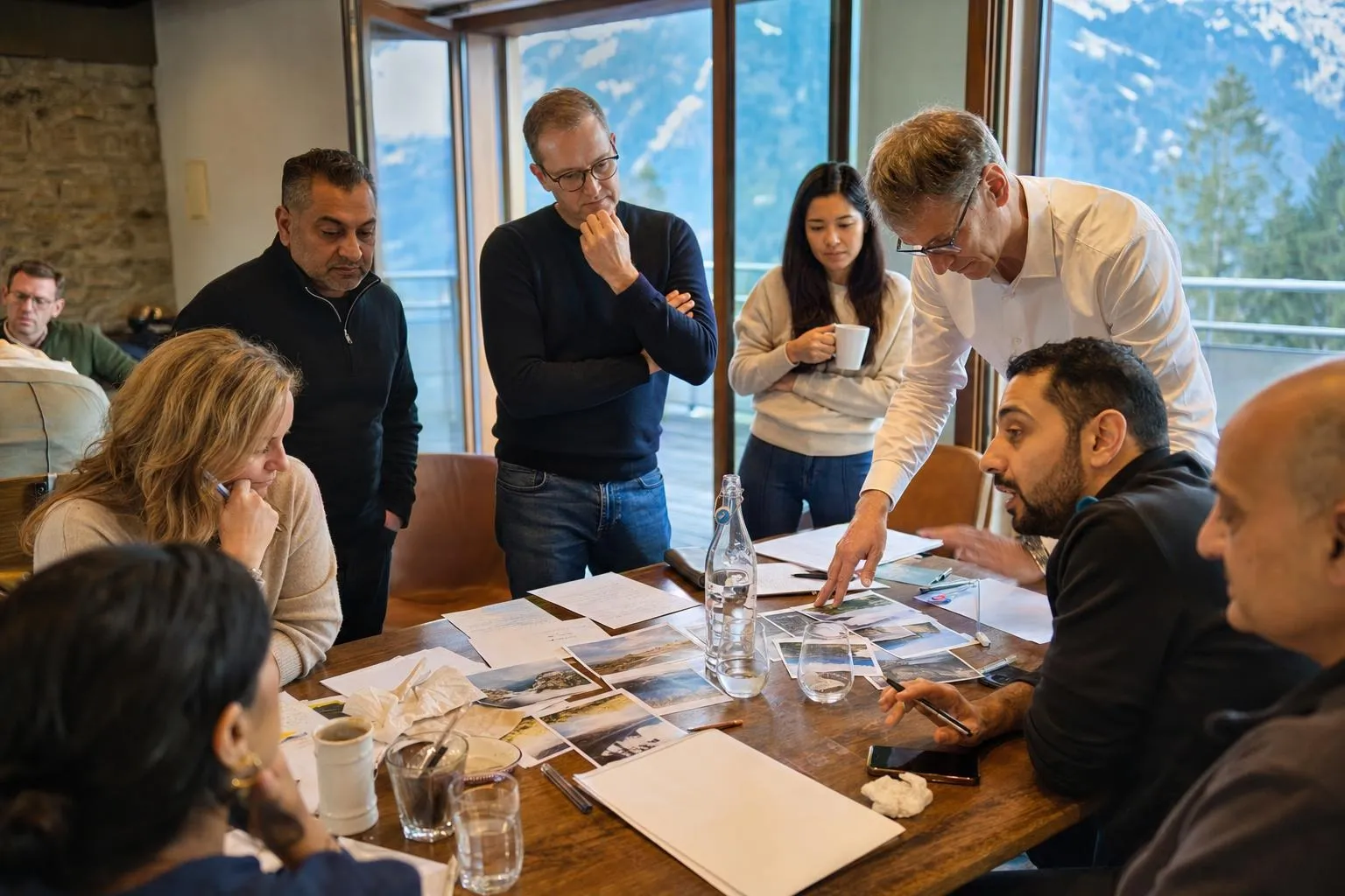 A team mid-programme on The Alpine Board Retreat — Switzerland or Austria, alpine resort, private meeting facility.