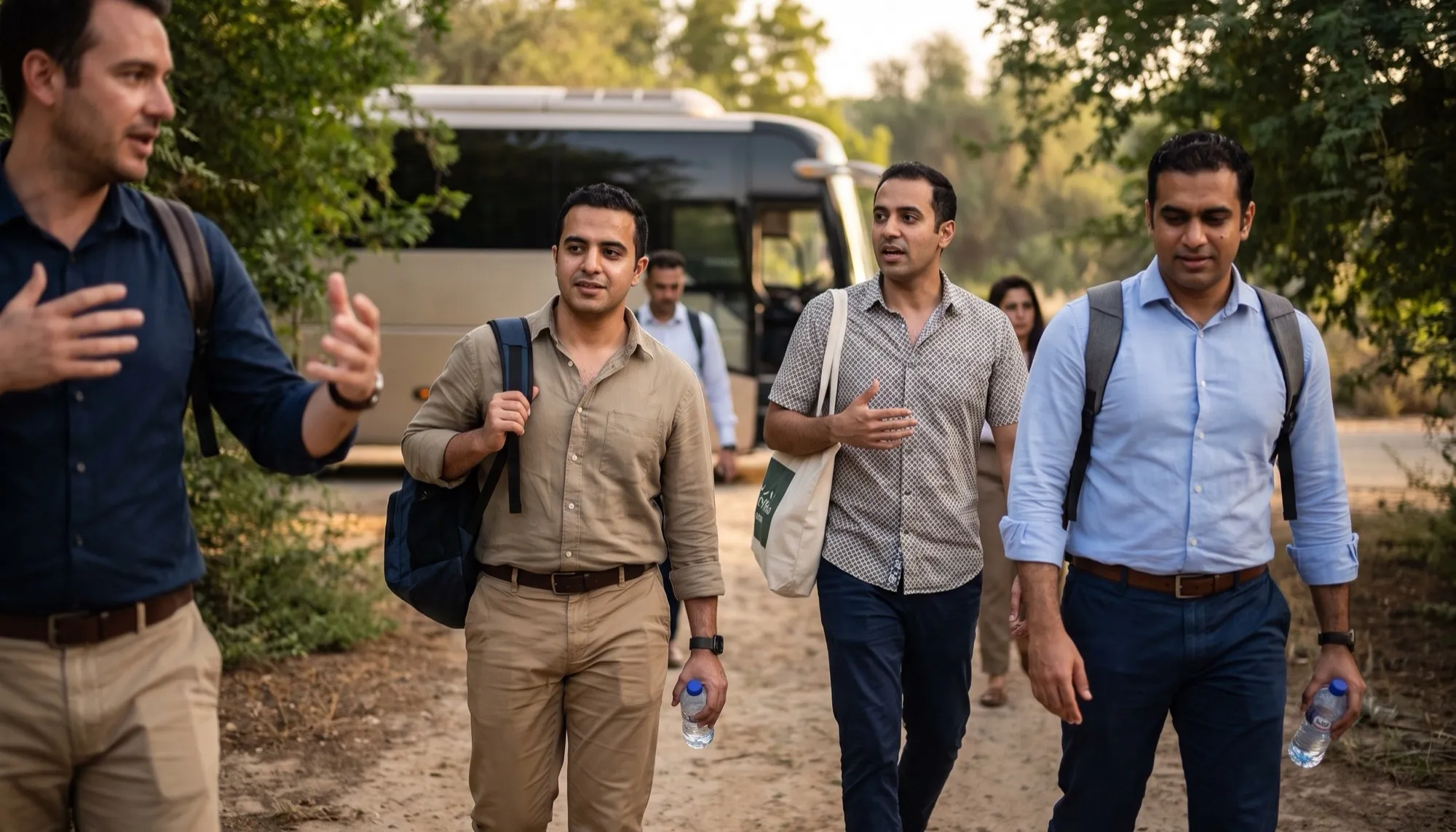 A group of colleagues walking together along a shaded path away from an office building, talking in pairs