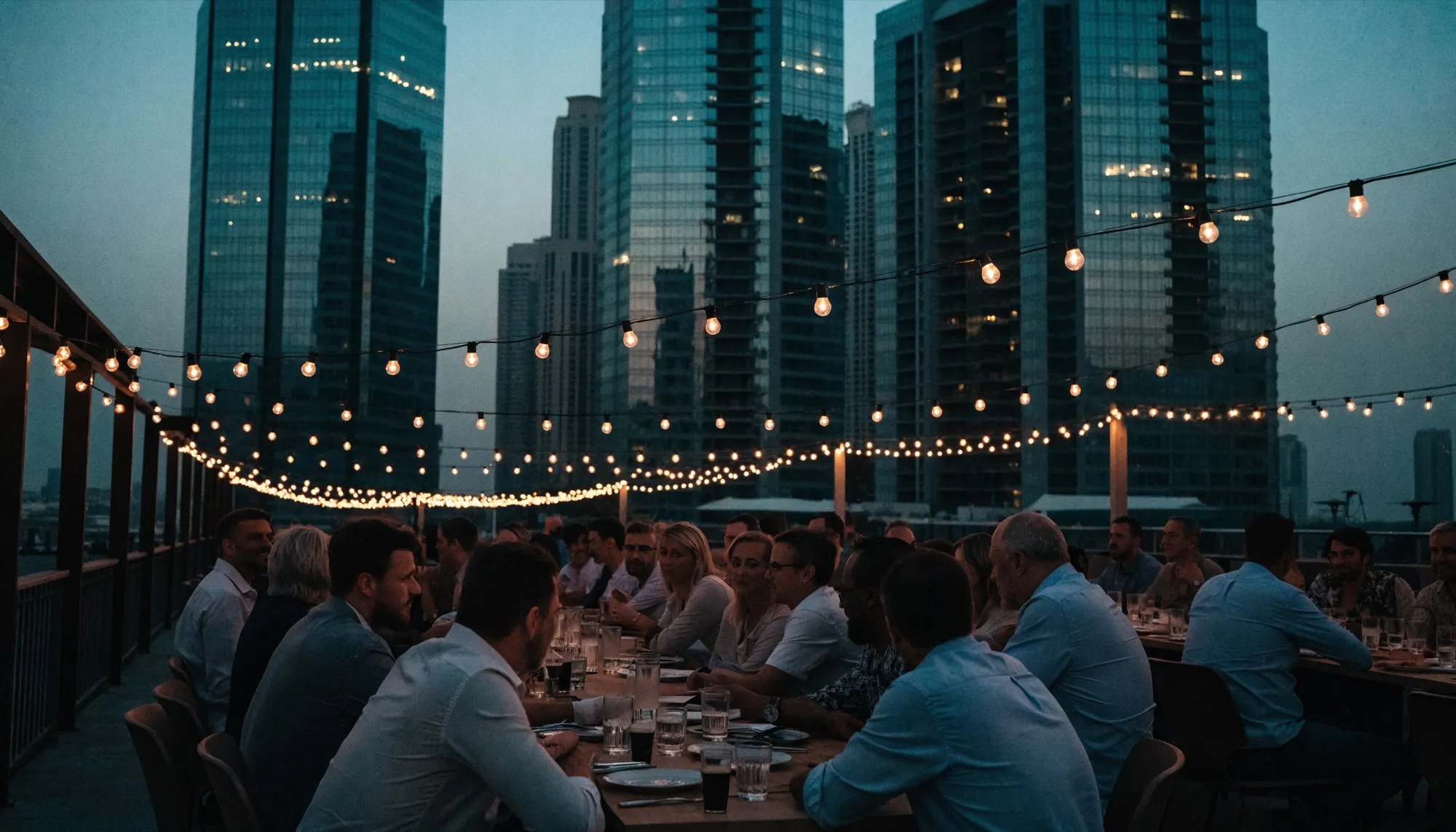 A long communal dinner table on a Dubai rooftop terrace at blue hour, lit by overhead string lights, with the skyline behind