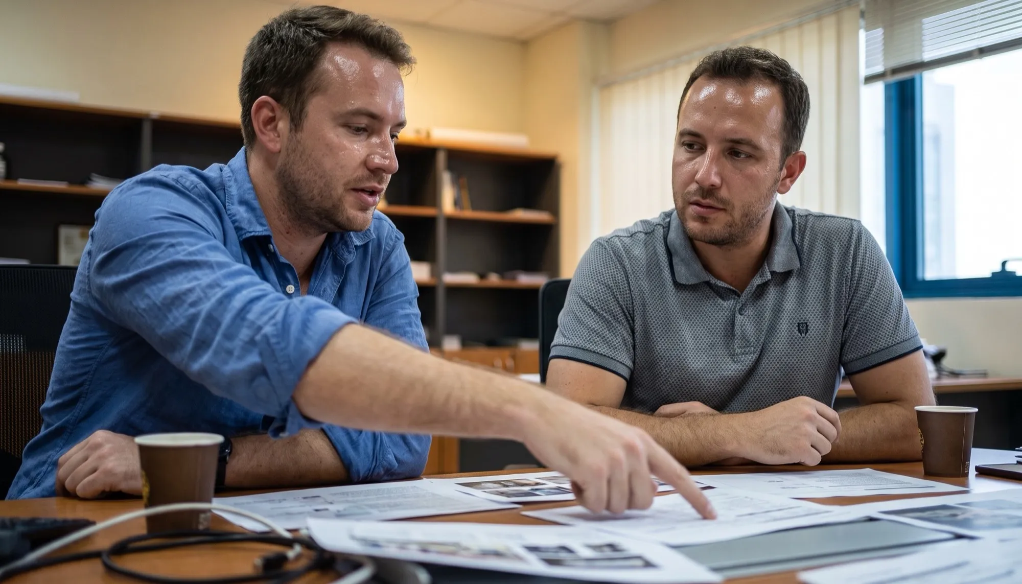 Two colleagues in a meeting room comparing supplier proposals across a laptop and printed pages spread over the table