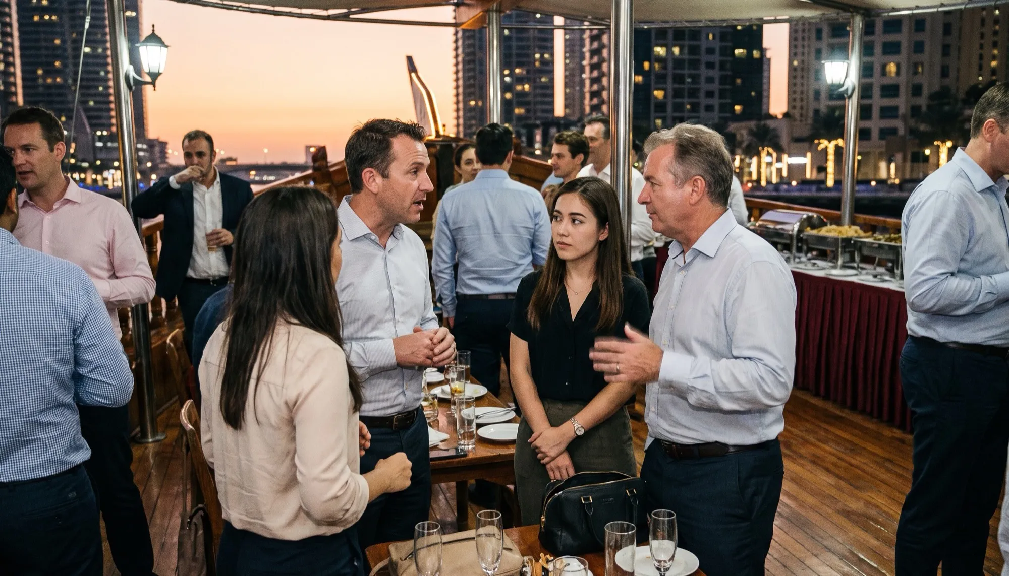 A corporate group on the upper deck of a private dhow on Dubai Marina at sunset, the lit skyline behind them