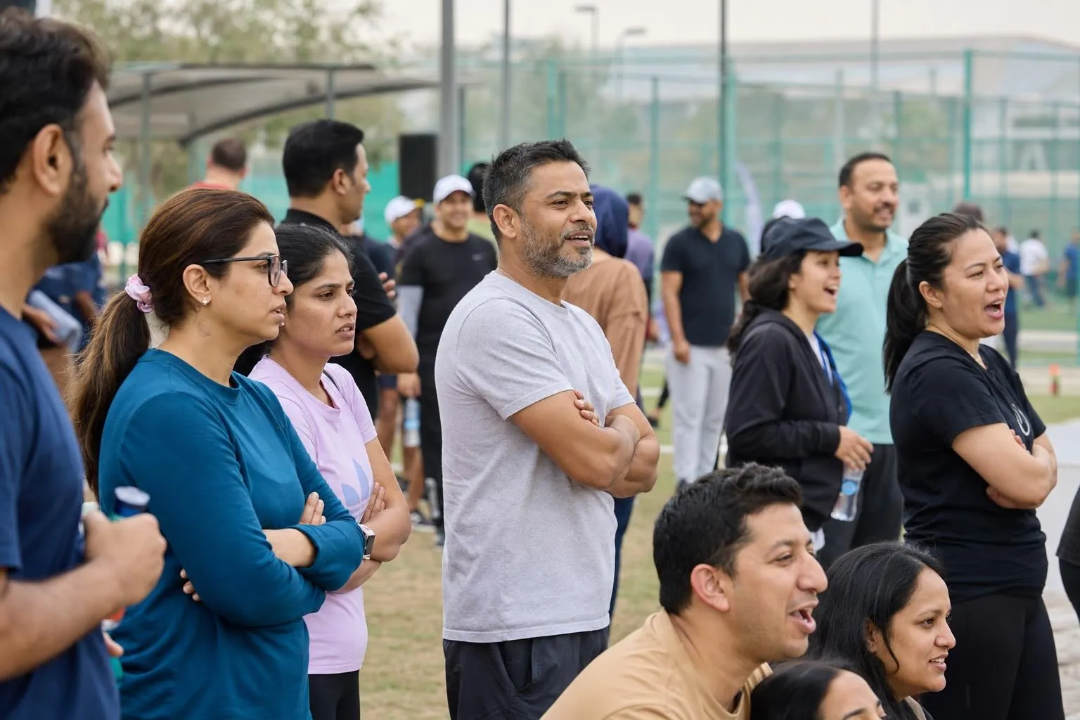 Colleagues in sportswear standing at the edge of an outdoor sports ground, arms folded and cheering as they watch a match in progress