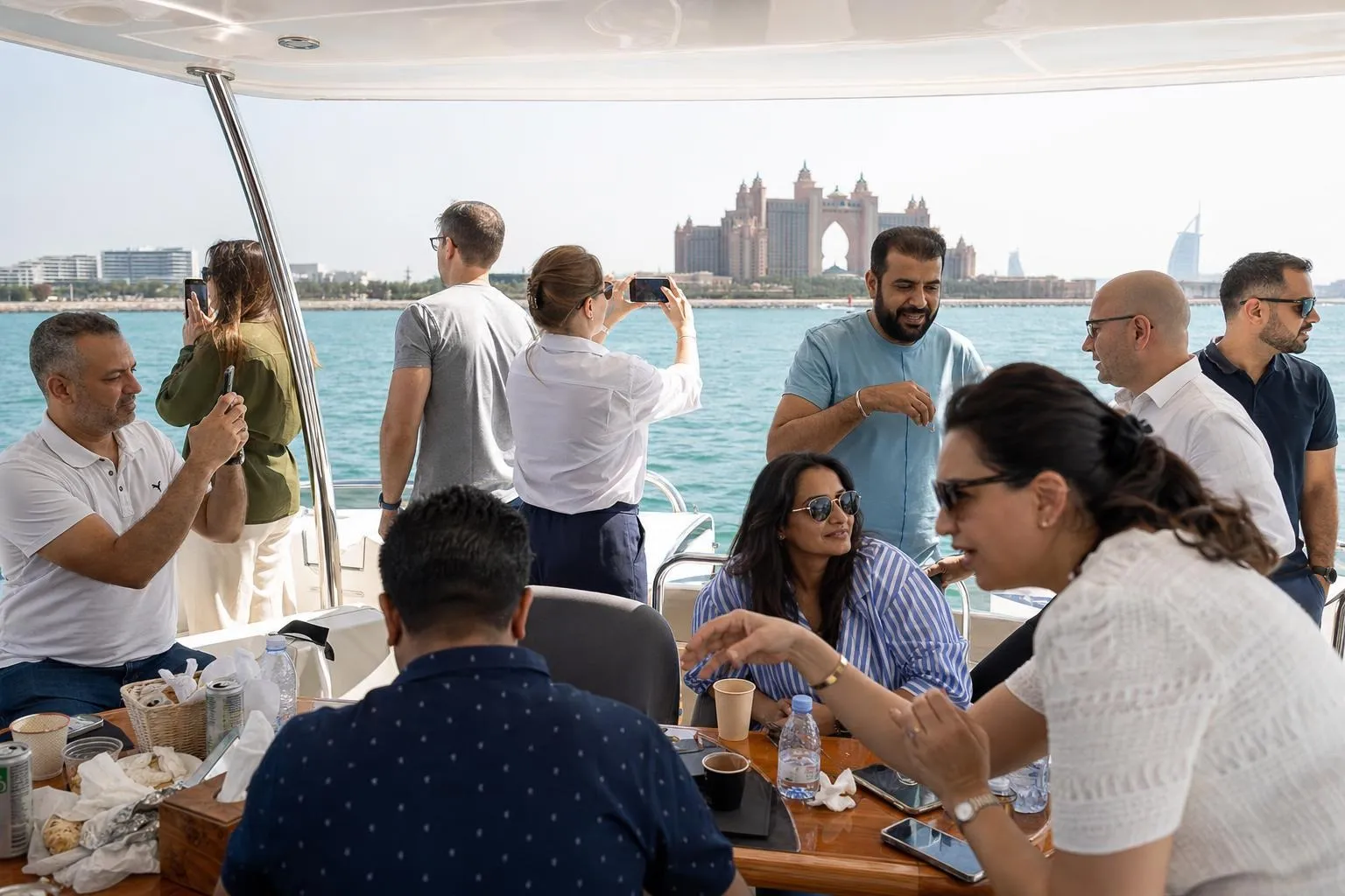 A team mid-programme on Deck & Deal — Dubai Marina / Dubai Harbour.