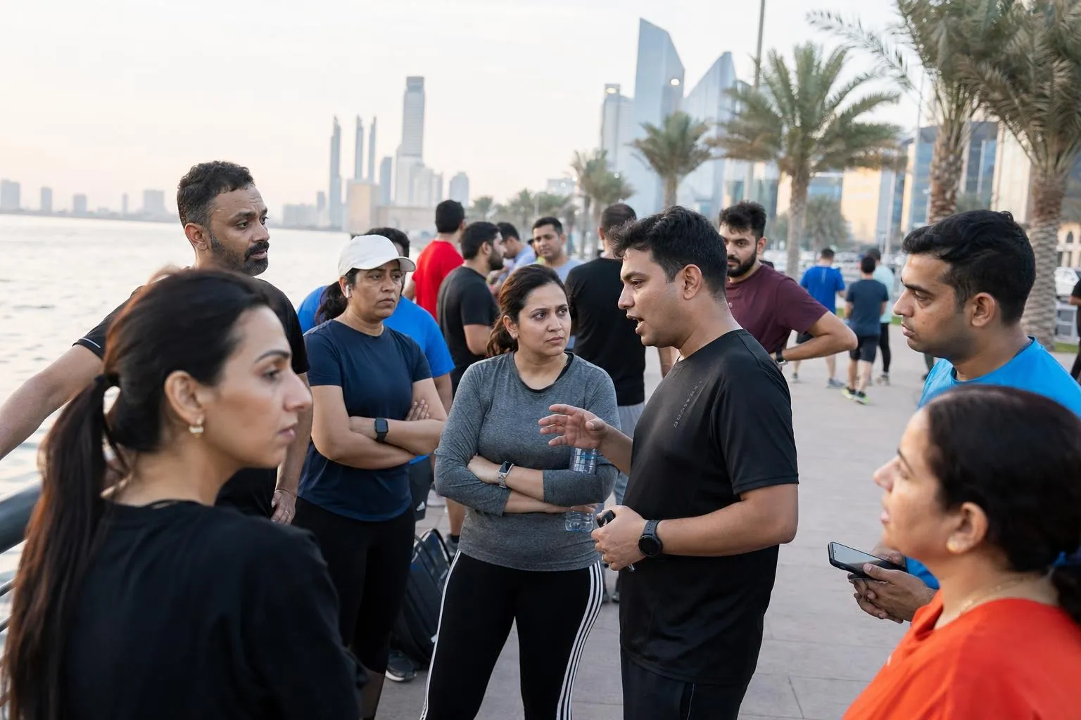 A team mid-programme on Desk to 5K — Dubai, Sharjah or Abu Dhabi, client's own area for training, closed promenade route for race day.