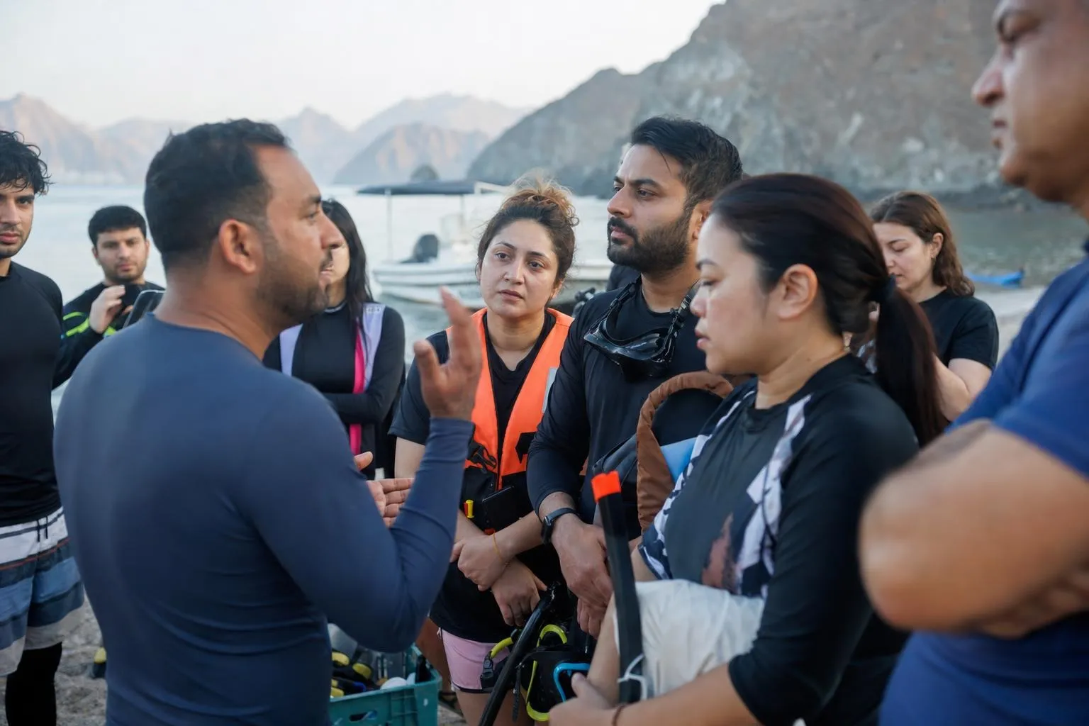 A team mid-programme on East Coast — Fujairah, Al Aqah, Snoopy Island and the east-coast reef.