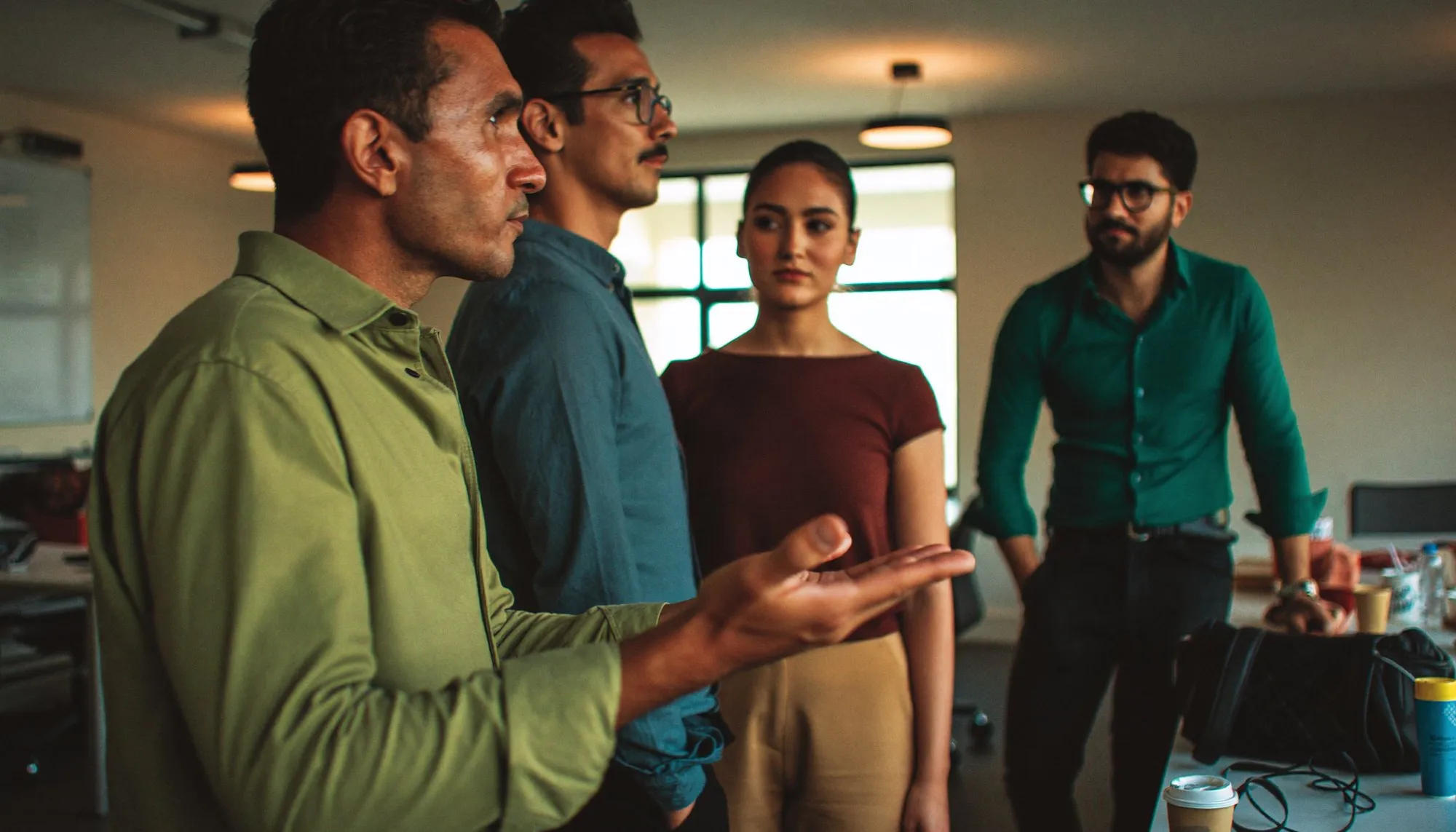 Colleagues standing together in an open-plan Dubai office, one person mid-sentence with an open hand, the others listening