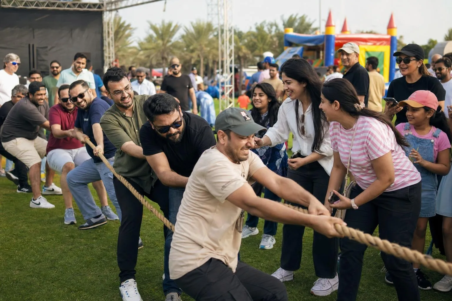 A team mid-programme on Family Day — Dubai, Sharjah or Abu Dhabi, park, beach or resort lawn.