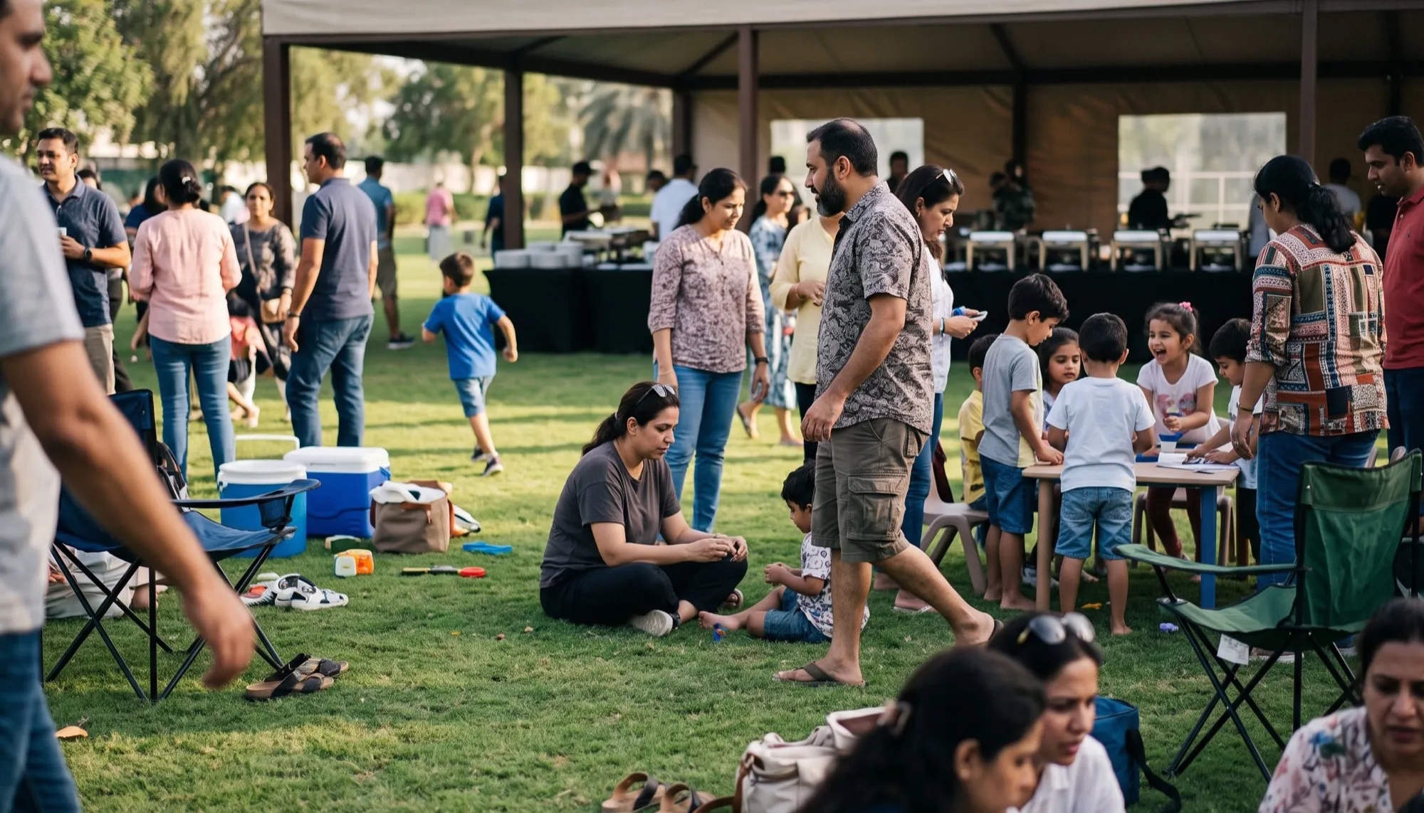 A company family day on a park lawn, employees and their children spread across the grass at activity stations with a shaded marquee behind