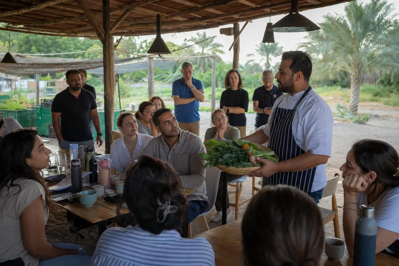 A team mid-programme on Farm to Table — Al Ain or Sharjah, working produce farm with kitchen facilities.