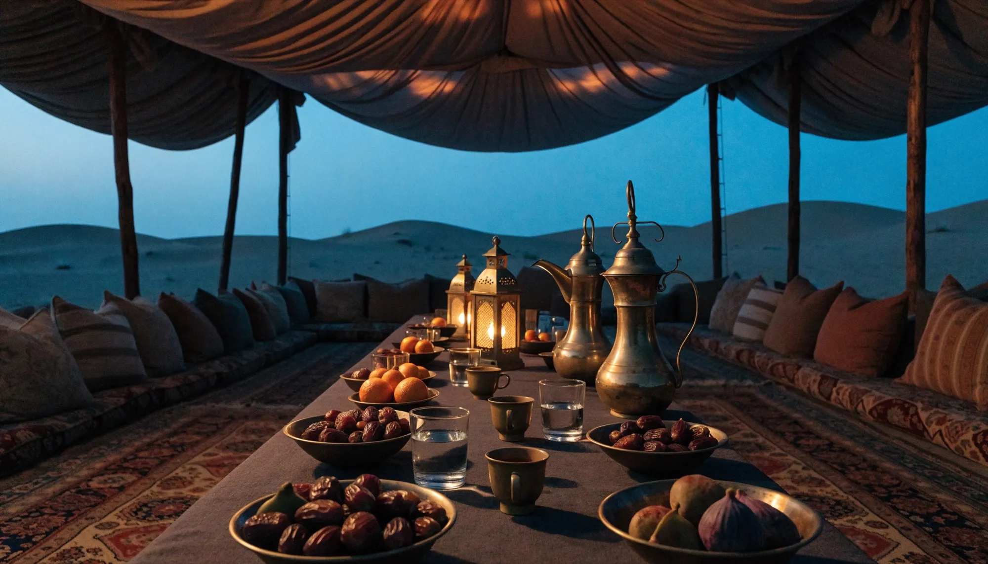 A long iftar table set under a tented majlis canopy at dusk, with dates, fruit and glowing brass lanterns