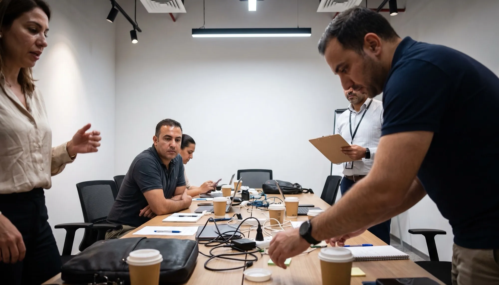Colleagues competing at a long table inside an air-conditioned venue, laughing while a facilitator times the round