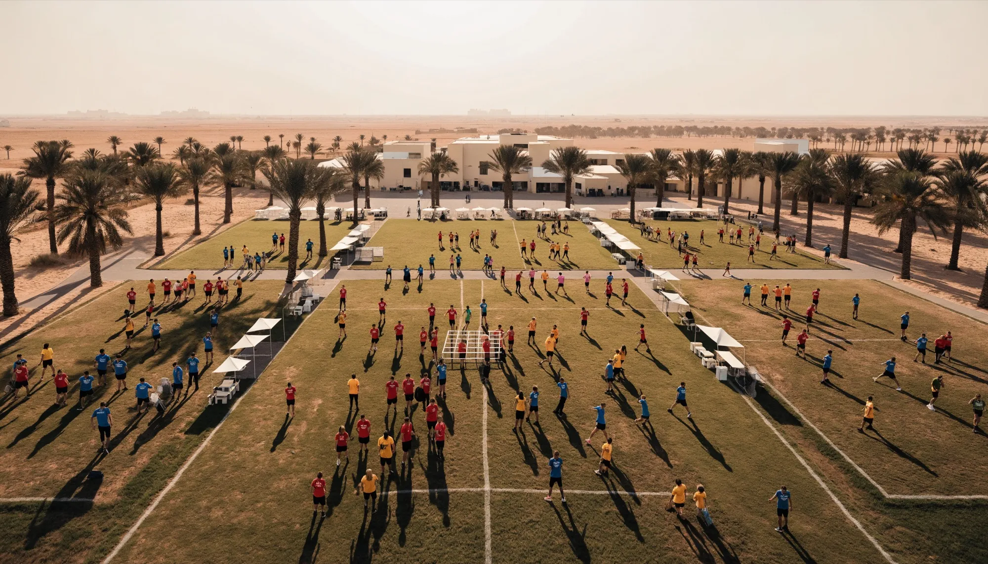 An elevated view of a large corporate games day, with around two hundred people in coloured team shirts across several activity stations