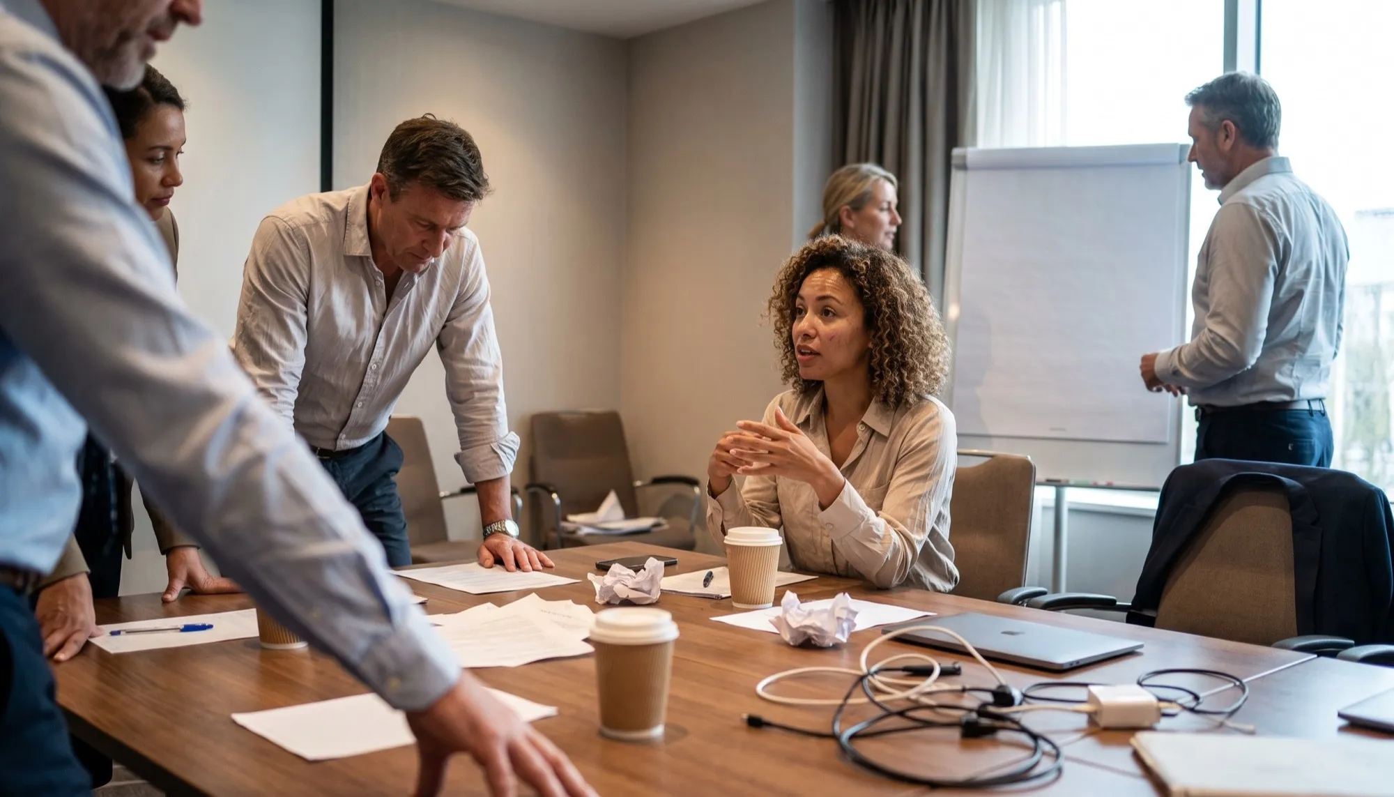 Around ten senior colleagues in a hotel meeting suite mid-discussion, papers spread across the table and one person standing at a whiteboard