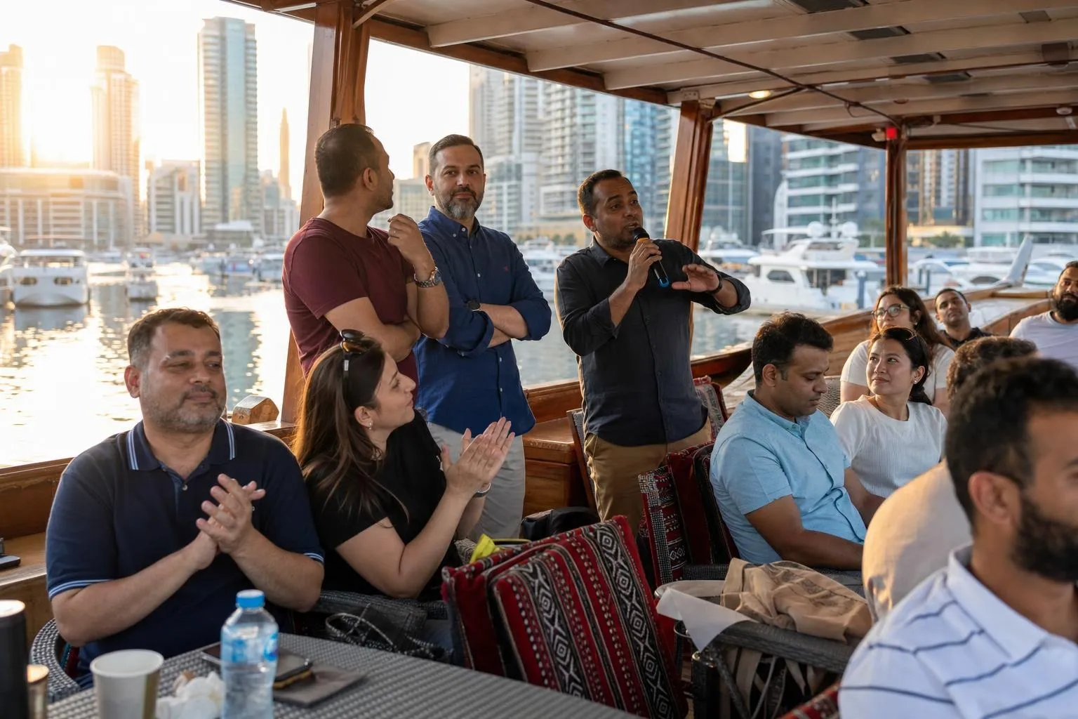 A team mid-programme on Marina Majlis — Dubai Marina.
