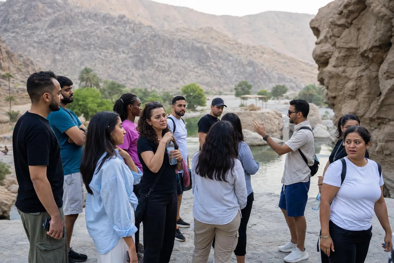 A team mid-programme on Muscat Two-Nighter — Oman, Muscat, with a desert or wadi excursion day.