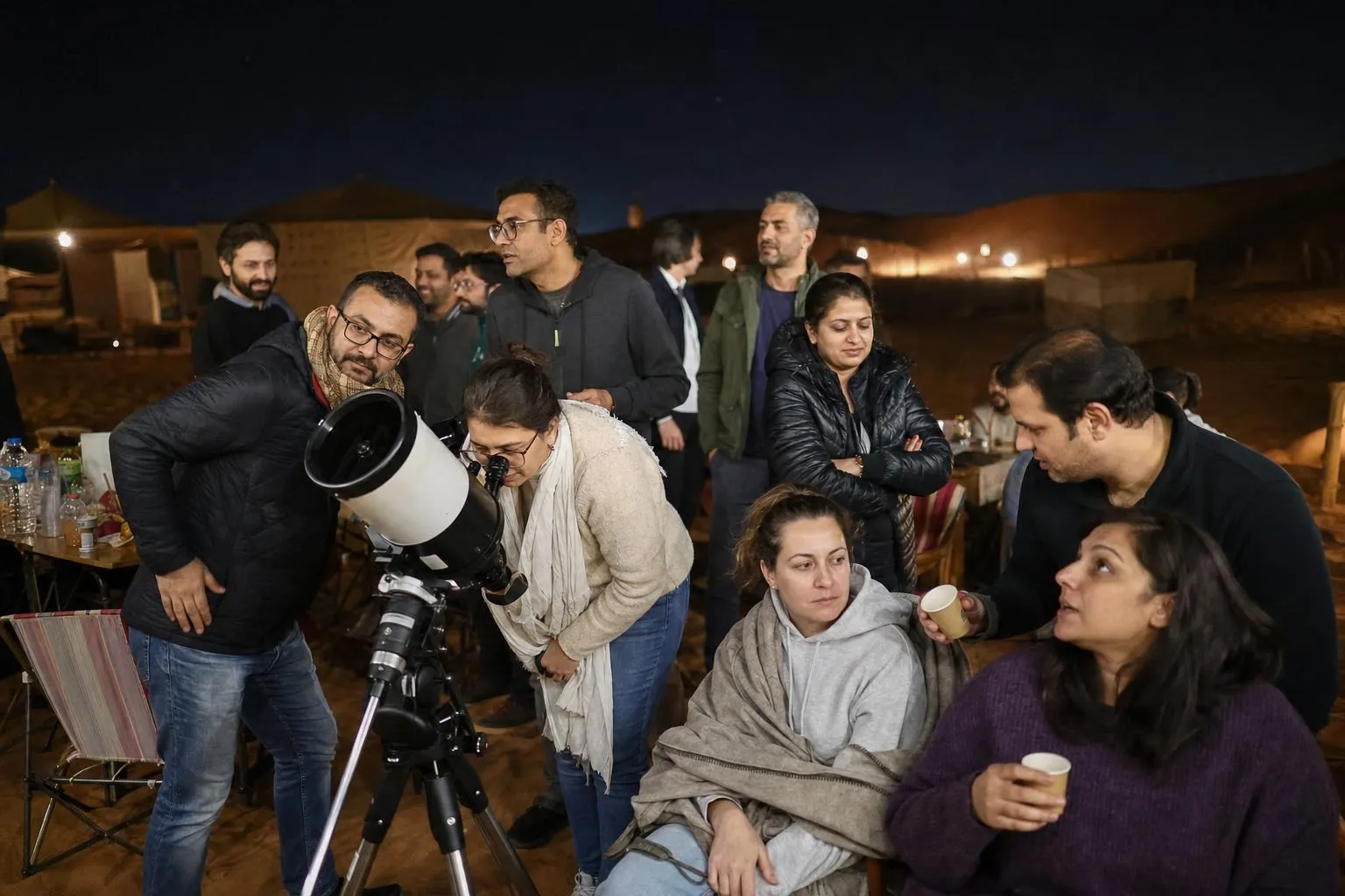 A team mid-programme on Night Under Canvas — Dubai or Sharjah inland, exclusive desert camp buyout.