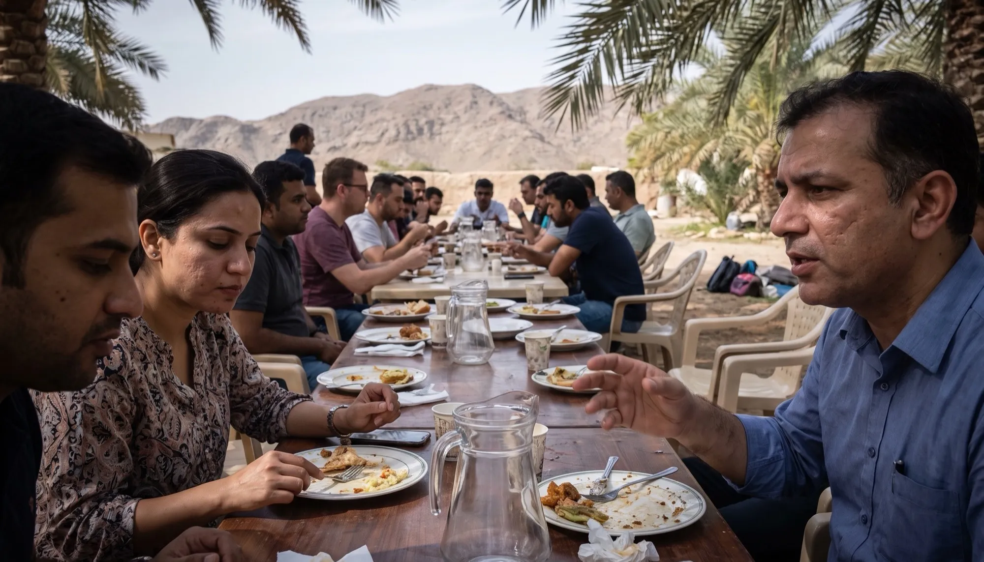 A corporate group at long shaded tables in a private farmhouse courtyard in the Northern Emirates, a rocky ridge behind