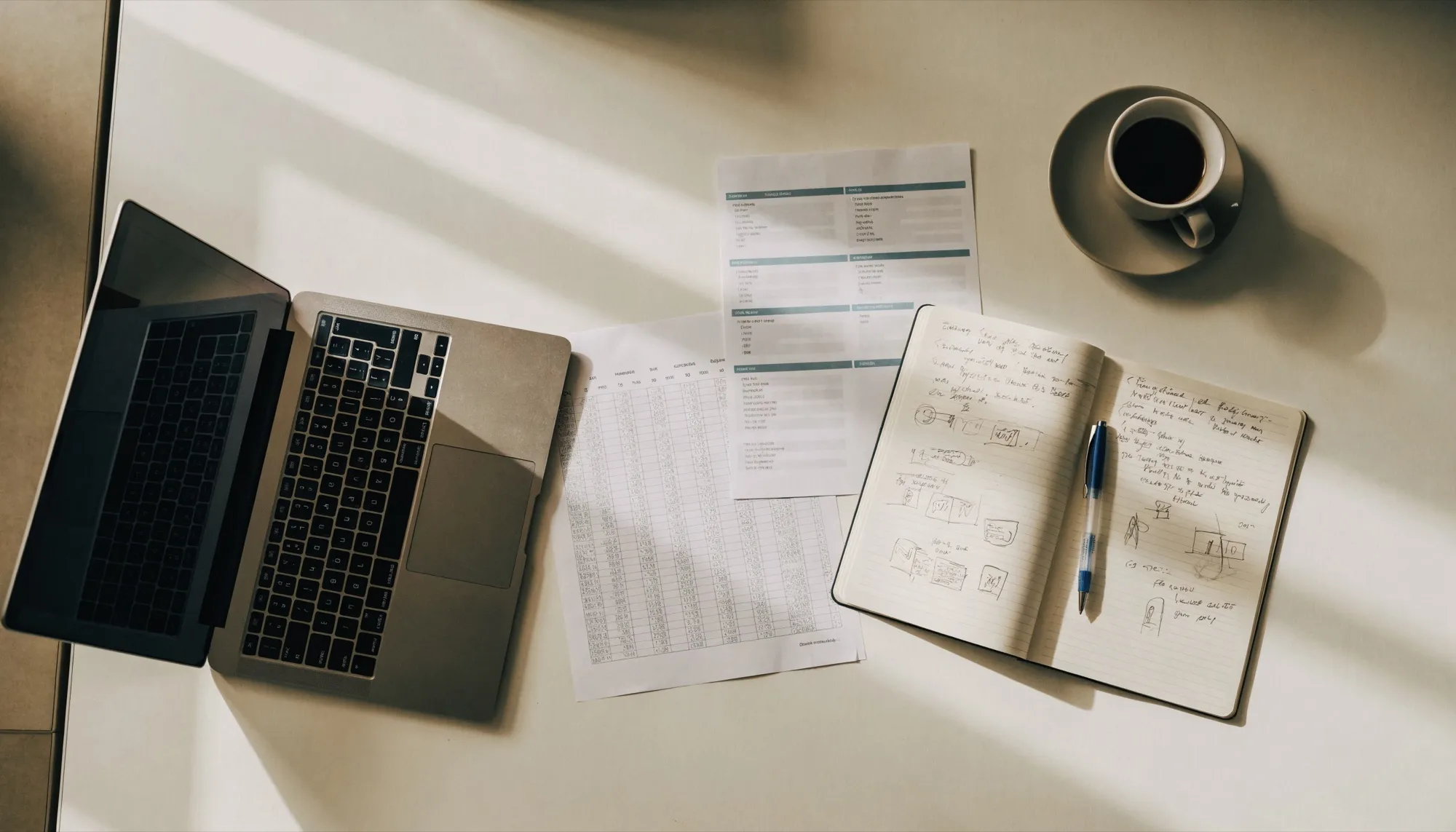 An overhead view of an event planning desk with a laptop, a printed budget spreadsheet, a run sheet and a handwritten notebook
