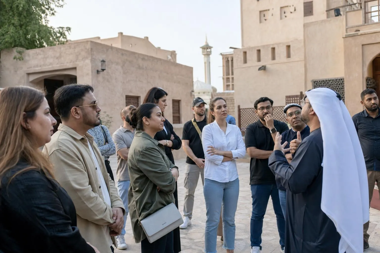 A team mid-programme on Old Dubai Discovery — Dubai, Al Fahidi, Dubai Creek, Deira souks.