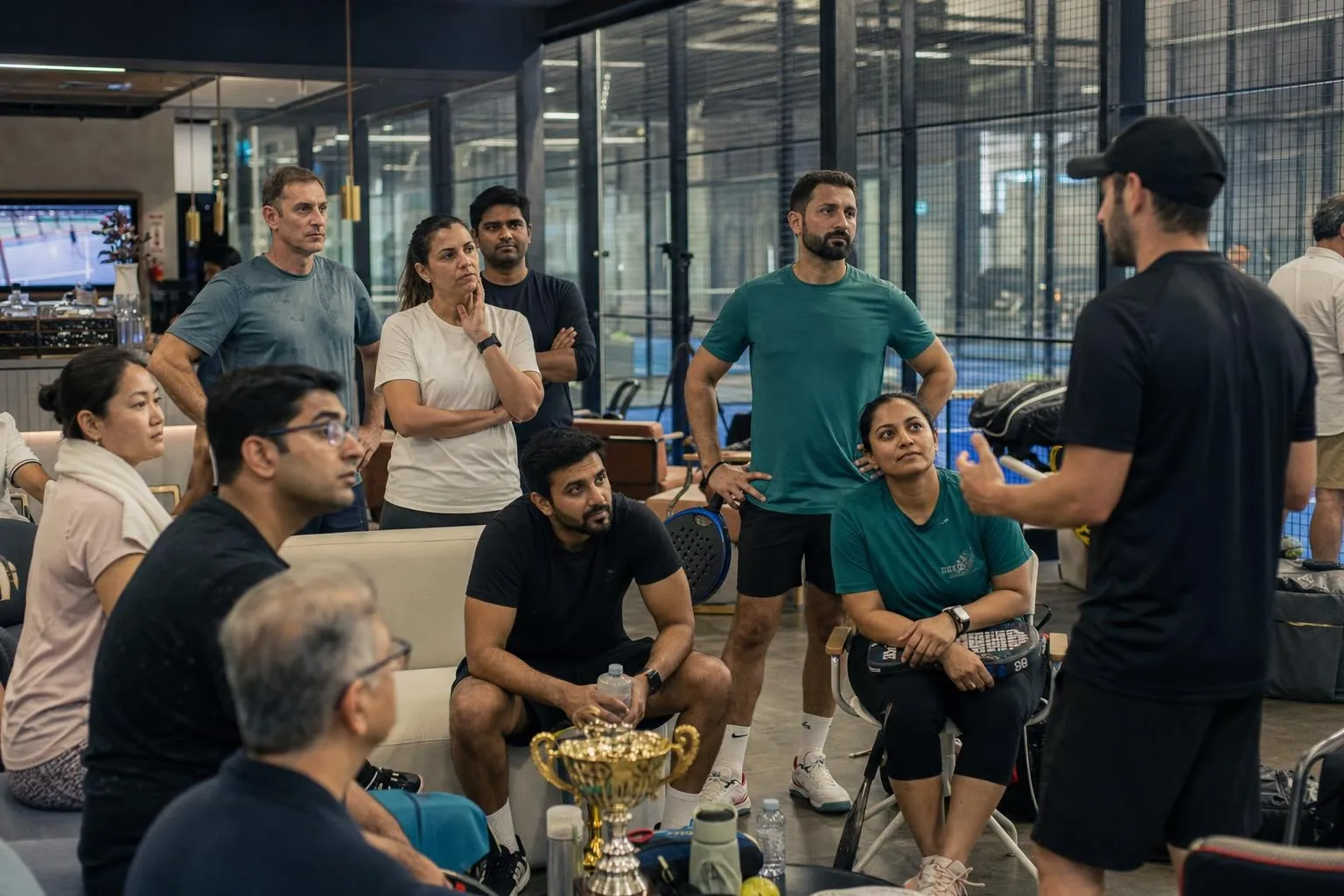 A team mid-programme on Padel Cup — Dubai, indoor padel facility, Al Quoz or Dubai Sports City.