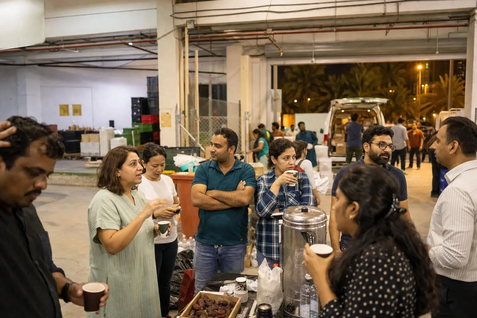 A team mid-programme on Ramadan Giving — Dubai or Sharjah, packing venue plus a permitted distribution point.
