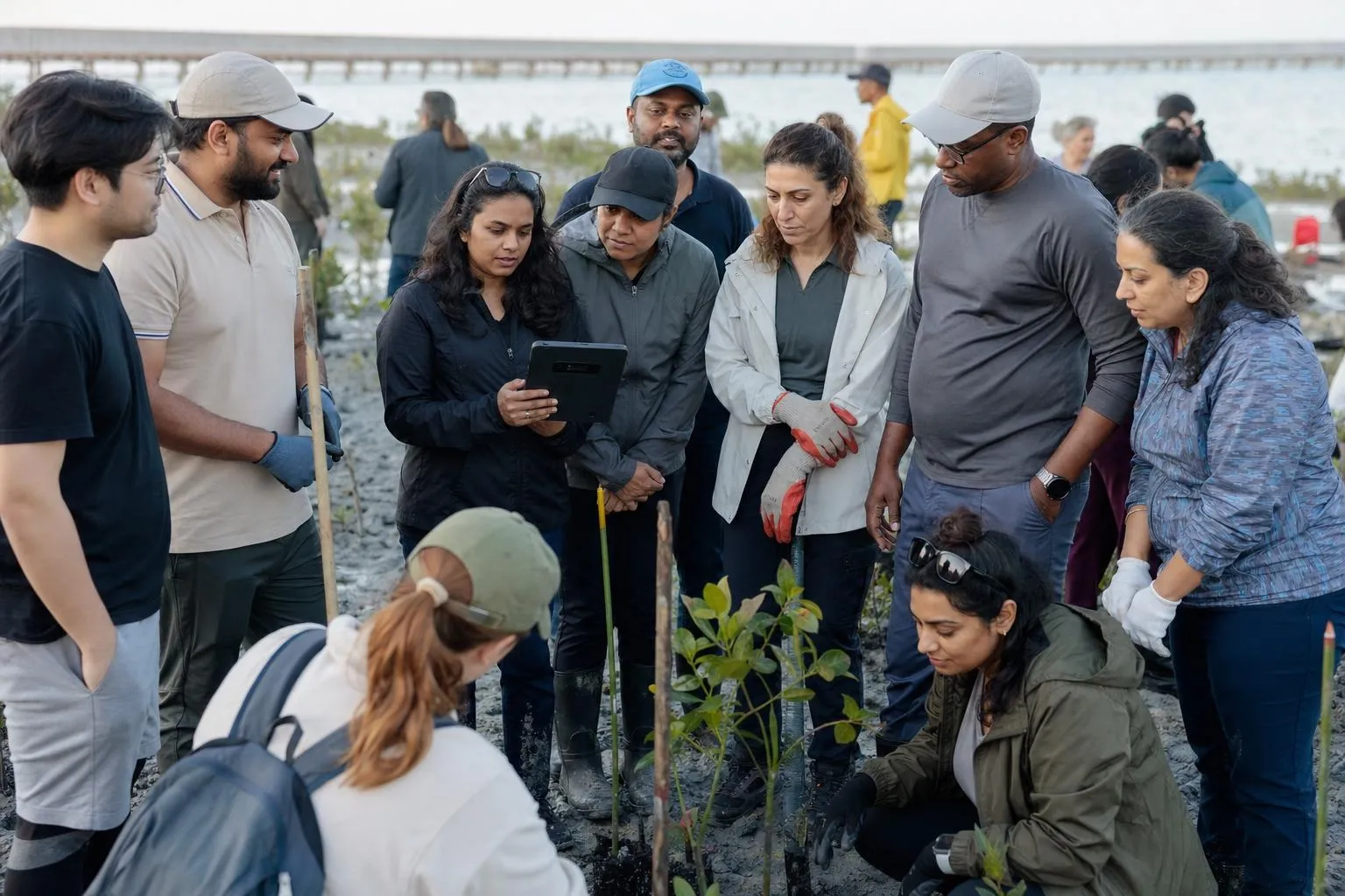 A team mid-programme on Root & Branch — Abu Dhabi, Jubail Mangrove Park and the licensed planting site.