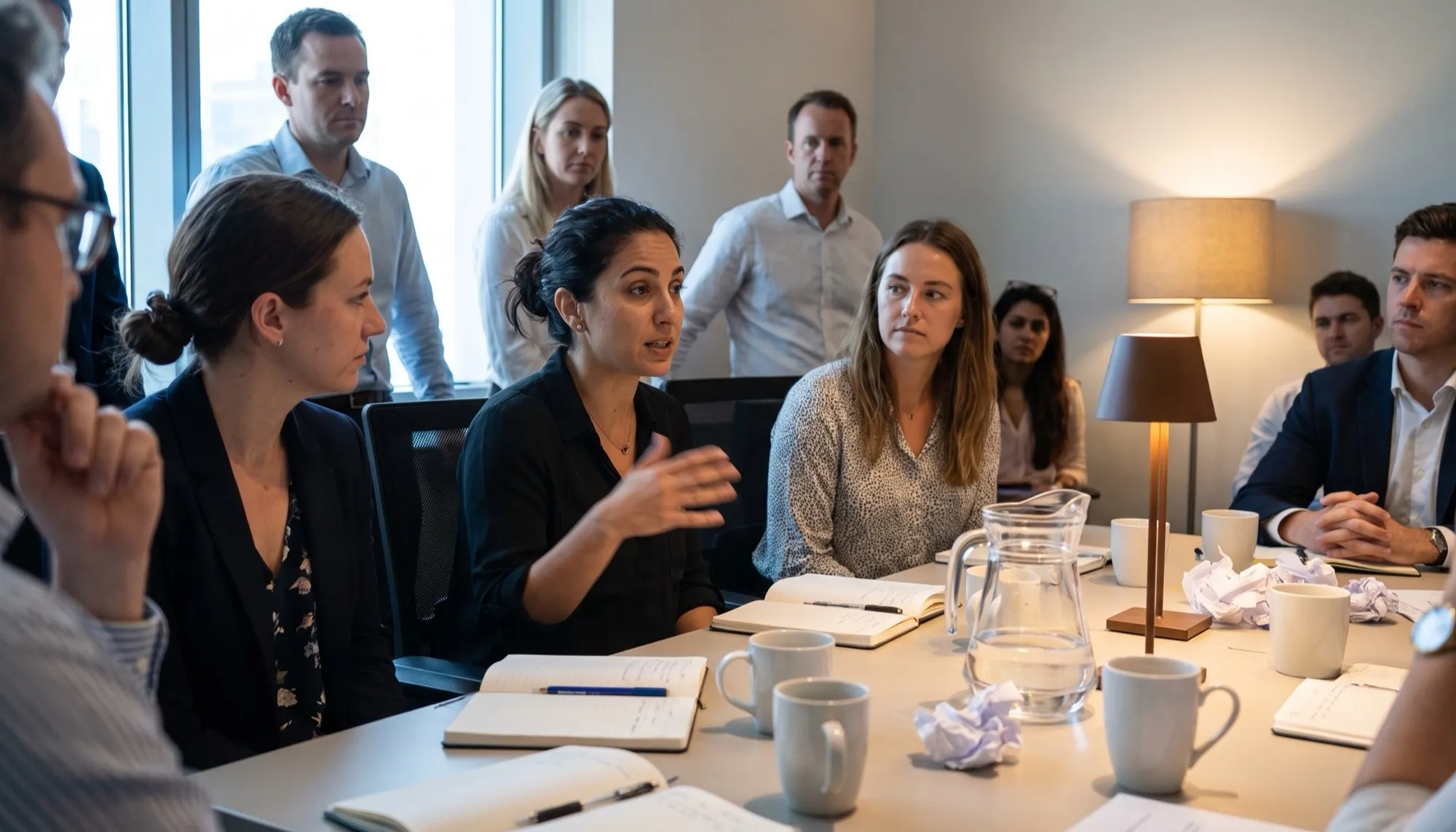 A small team of about twelve gathered close around one table in a private venue in Dubai, mid-conversation