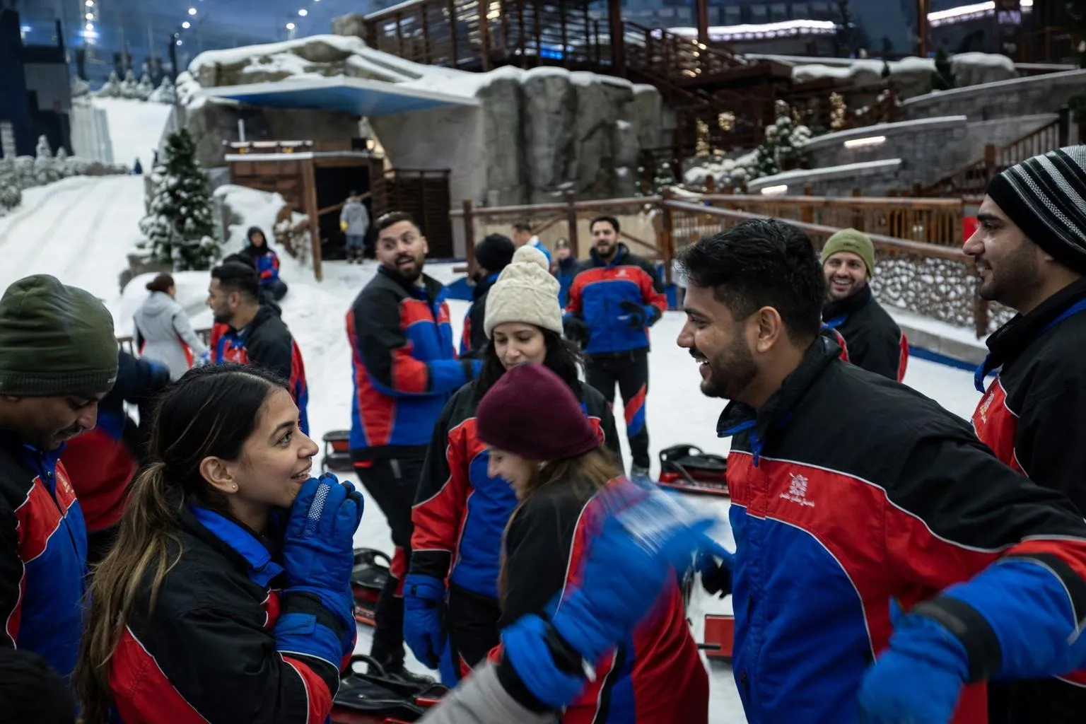 A team mid-programme on Snow Day — Dubai, Ski Dubai, Mall of the Emirates.