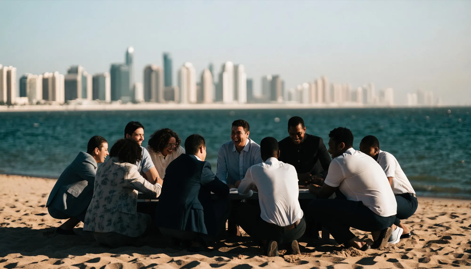 A team of colleagues gathered around a low table on a Dubai beach at golden hour, with the city skyline behind them
