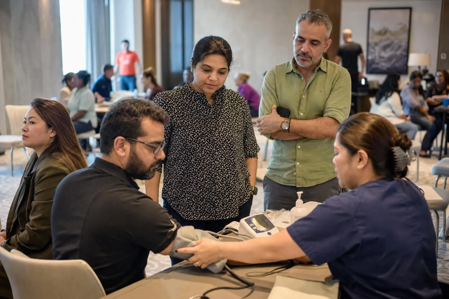 A team mid-programme on The Reset — Dubai, hotel wellness floor or a dedicated studio; or delivered at the client's own office.