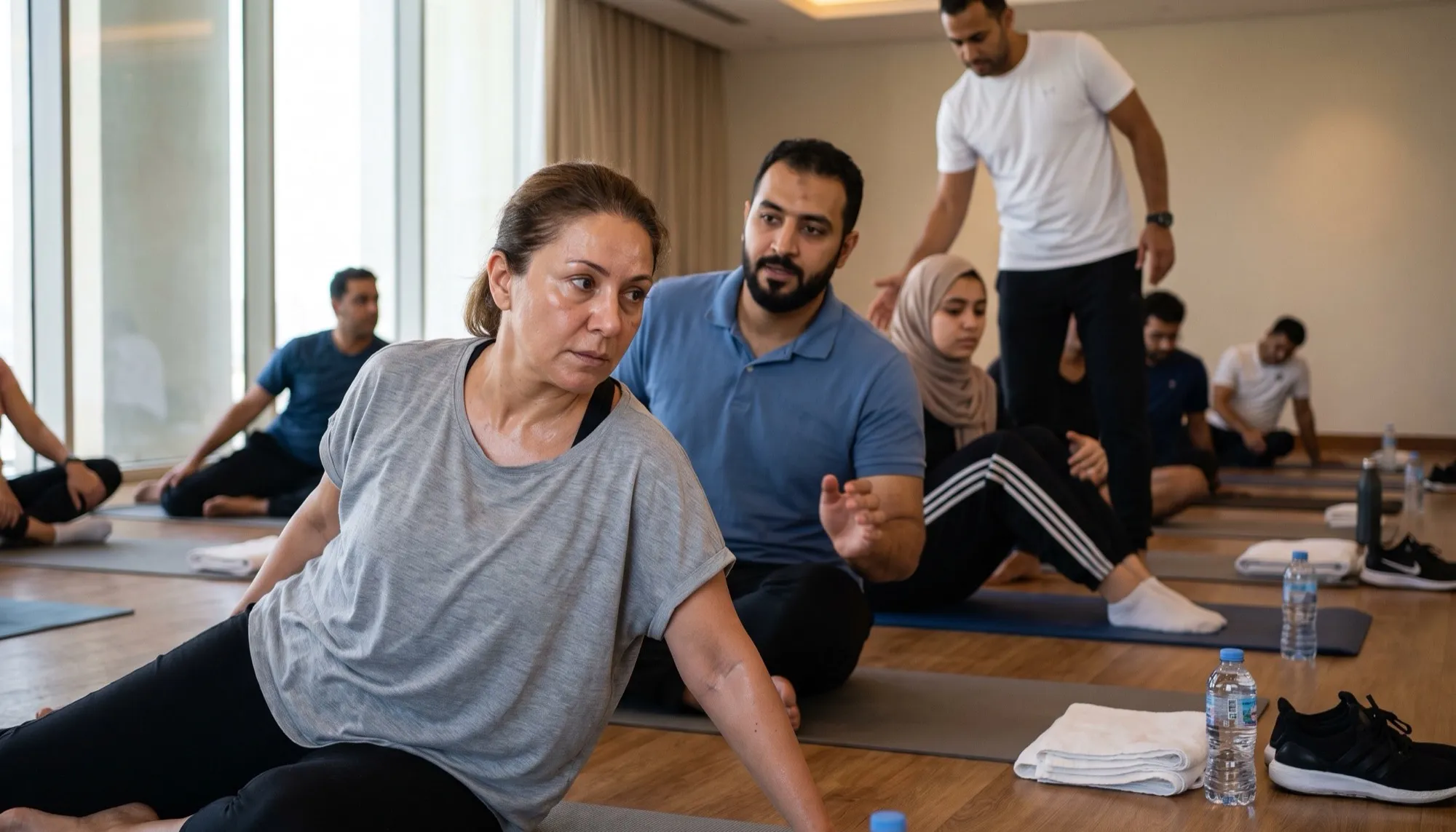 Colleagues seated on mats in a hotel wellness studio mid-stretch while a practitioner guides the session